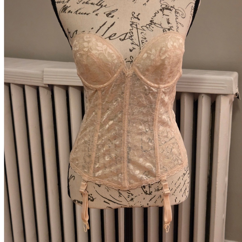 Vintage Carnival Floral Lace Bustier Corset Top Peach Blush Garter Straps Sz 36B